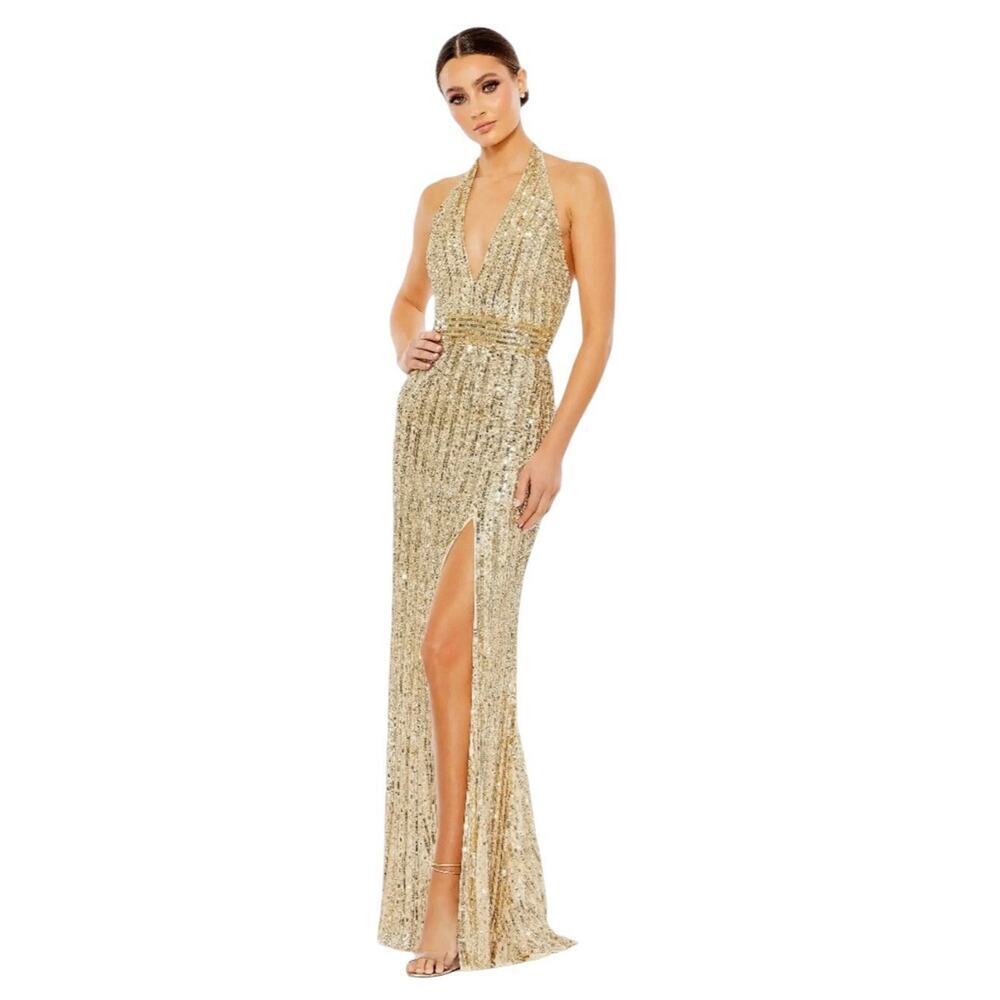 Mac Duggal 5759 Gold Sequined Halter Strap Trumpet Gown Size 16 $498